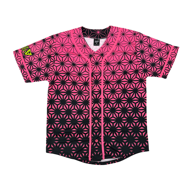 Asanoha pink UV baseball jersey by First Earth – oversized rave jersey glowing under blacklight, adorned with sacred Asanoha geometric design