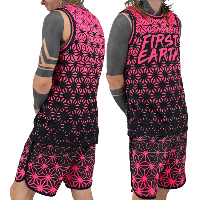 Asanoha pink UV basketball jersey by First Earth – lightweight mesh rave jersey with sacred geometry design that glows under blacklight
