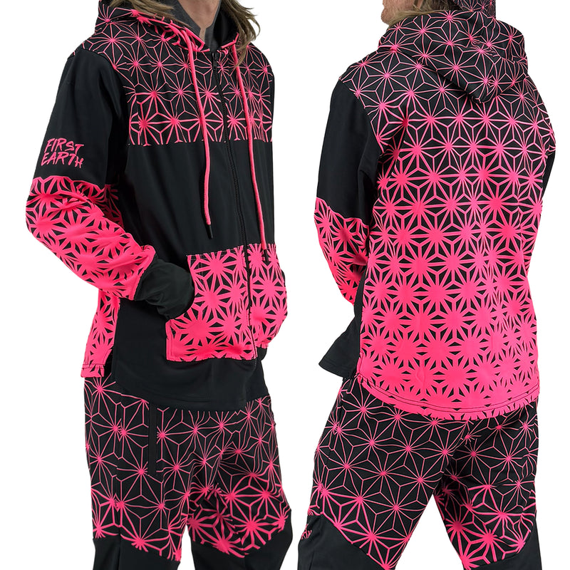 Asanoha pink UV zip‑up hoodie by First Earth – cozy rave hoodie featuring glowing sacred geometry, thumb holes, and relaxed scoop hem for festival layering