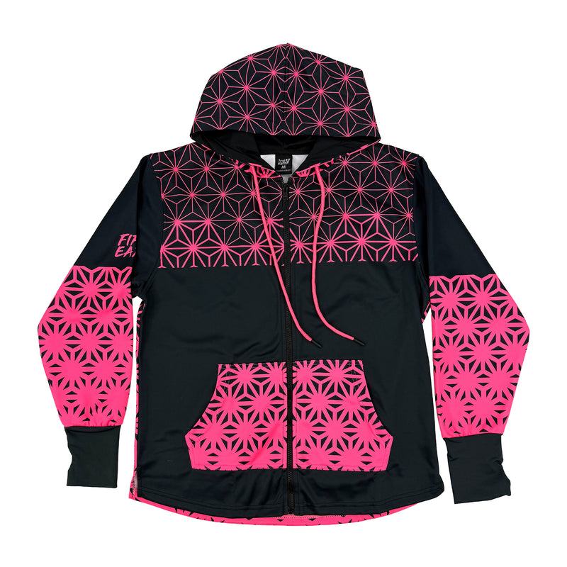 Asanoha pink UV zip‑up hoodie by First Earth – cozy rave hoodie featuring glowing sacred geometry, thumb holes, and relaxed scoop hem for festival layering