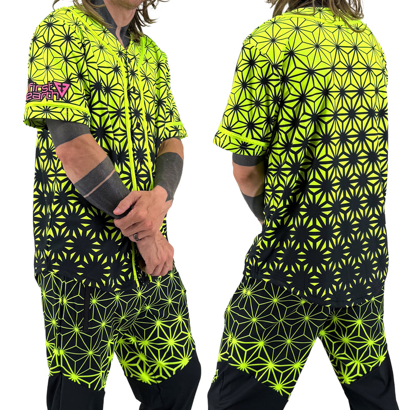 Asanoha yellow UV baseball jersey by First Earth – oversized rave jersey that glows under blacklight, featuring geometric Asanoha design on soft breathable fabric
