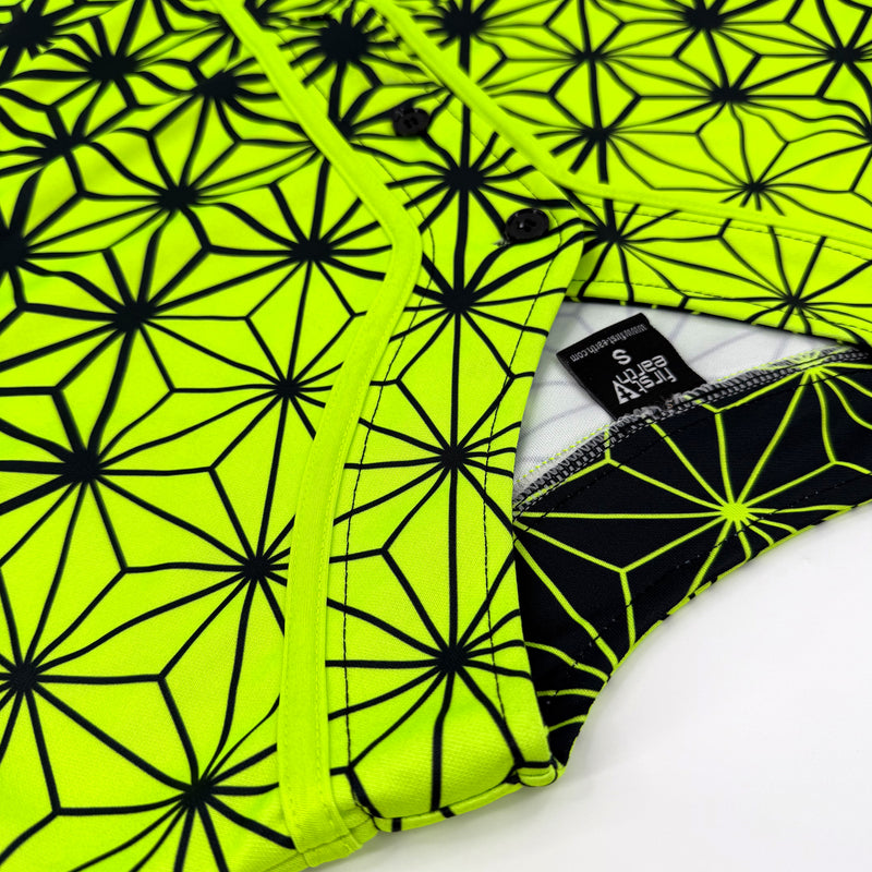 Asanoha yellow UV baseball jersey by First Earth – oversized rave jersey that glows under blacklight, featuring geometric Asanoha design on soft breathable fabric