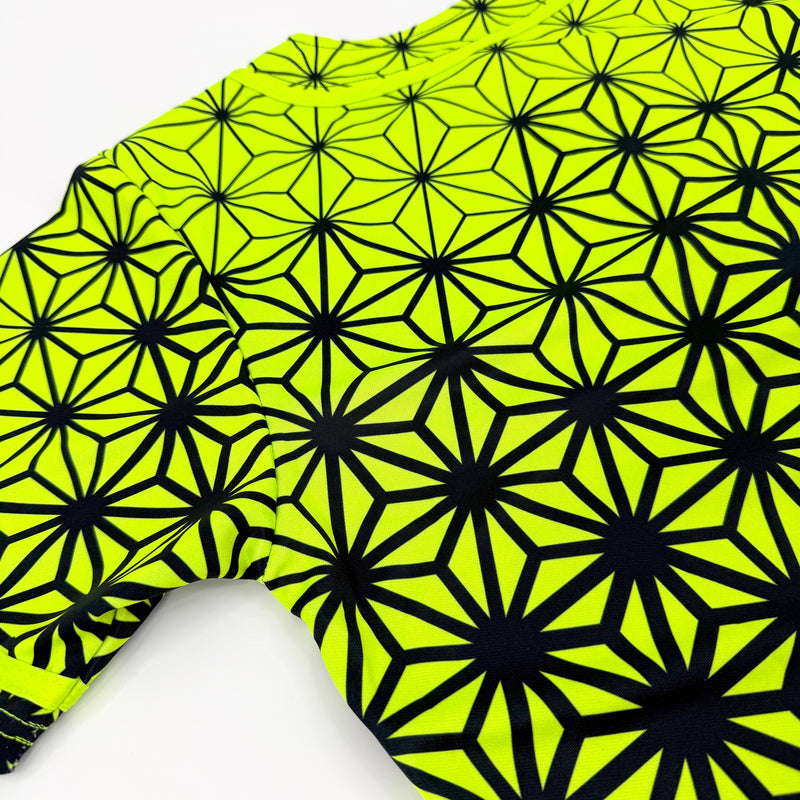 Asanoha yellow UV baseball jersey by First Earth – oversized rave jersey that glows under blacklight, featuring geometric Asanoha design on soft breathable fabric