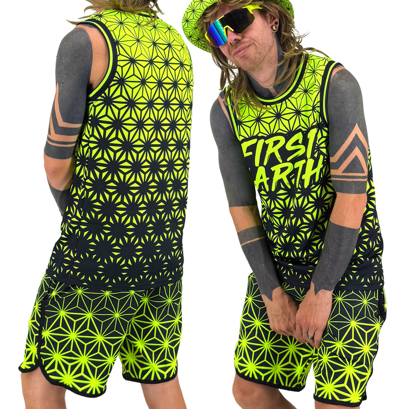 Asanoha yellow UV basketball jersey by First Earth – breathable rave jersey with glowing Asanoha geometric pattern on mesh fabric