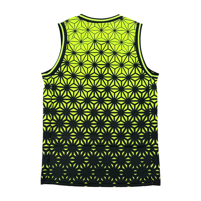 Asanoha yellow UV basketball jersey by First Earth – breathable rave jersey with glowing Asanoha geometric pattern on mesh fabric