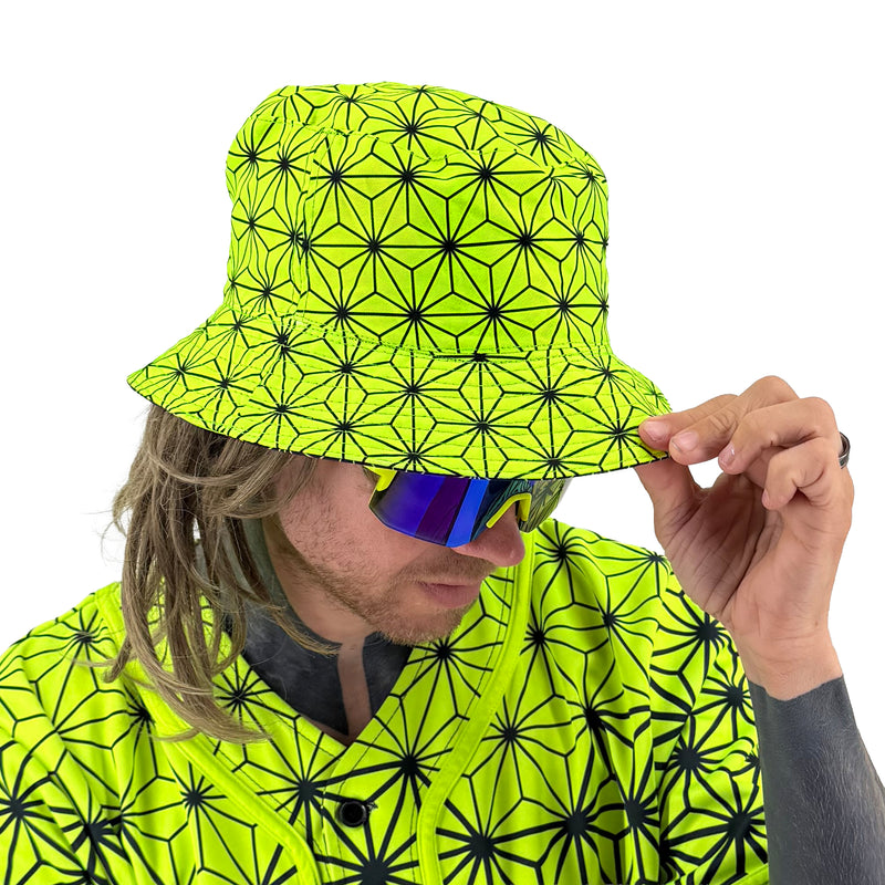 Asanoha yellow UV bucket hat by First Earth – rave-ready hat with glowing sacred geometry pattern, lightweight and breathable for all-night festival wear