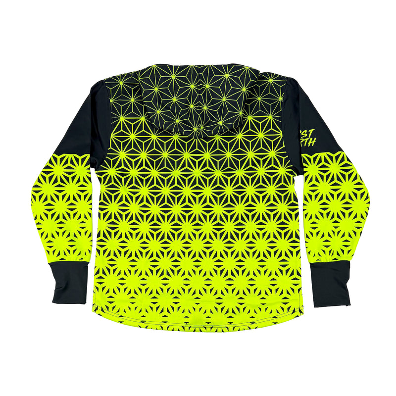 Asanoha yellow UV zip‑up hoodie by First Earth – rave-ready hoodie with glowing sacred geometry design under blacklight, thumb holes, and relaxed scoop hem for comfortable layering