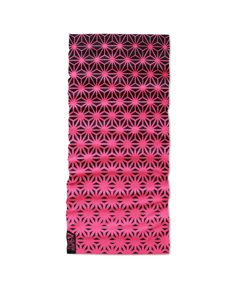 Asanoha Pink - Tubular Bandana by First Earth, worn styling view showing one way to use the multipurpose headwear