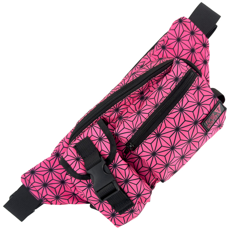 Asanoha Pink - UV - Cross Body Bag by First Earth, front view showing the printed design, zipper, and adjustable strap