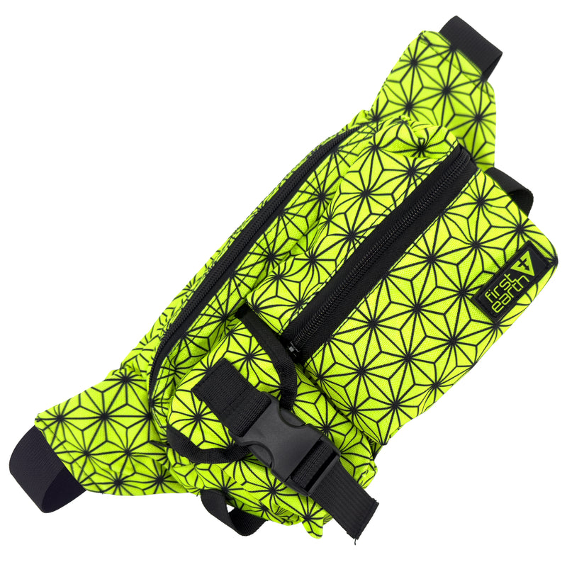 Asanoha Yellow - UV - Cross Body Bag by First Earth, front view showing the printed design, zipper, and adjustable strap
