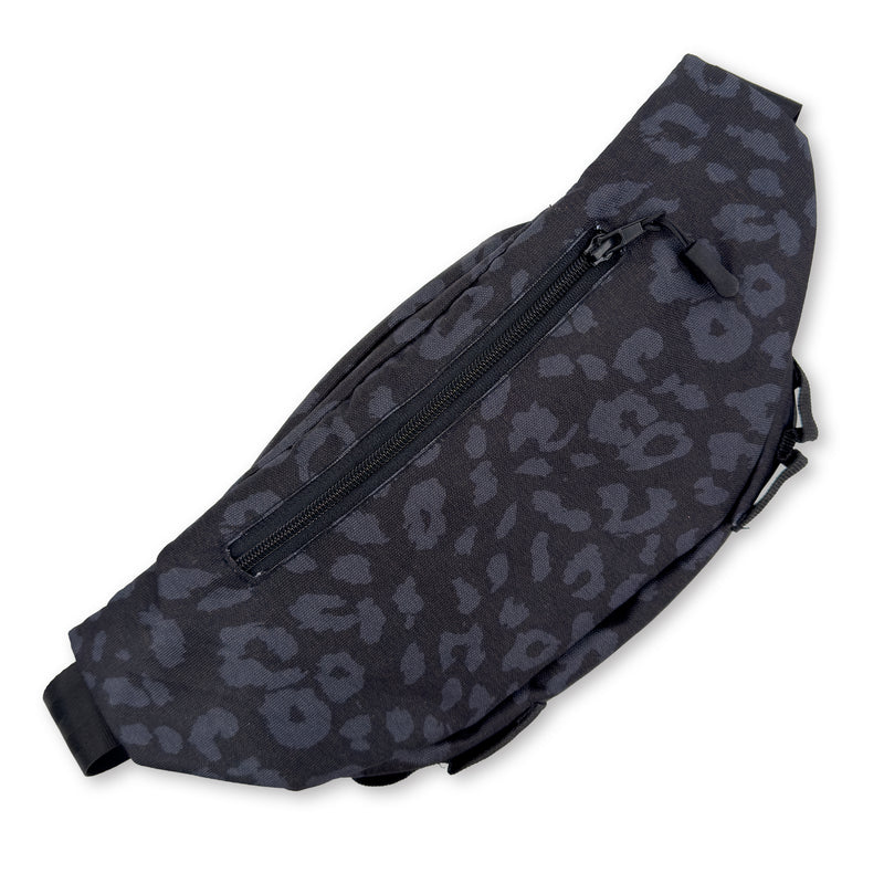 First Earth Midnight Cheetah crossbody bag back with dark cheetah print and black zipper pocket