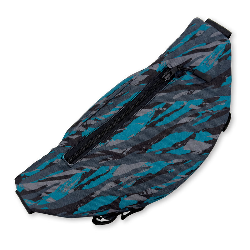 First Earth Shadow crossbody bag back with teal gray camo, geometric pocket, strap, and buckle
