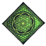 Flower of Life UV glow bandana green by First Earth – lightweight rave accessory with glowing sacred geometry in pink, breathable festival essential