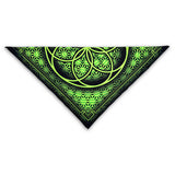 Flower of Life UV glow bandana green by First Earth – lightweight rave accessory with glowing sacred geometry in pink, breathable festival essential