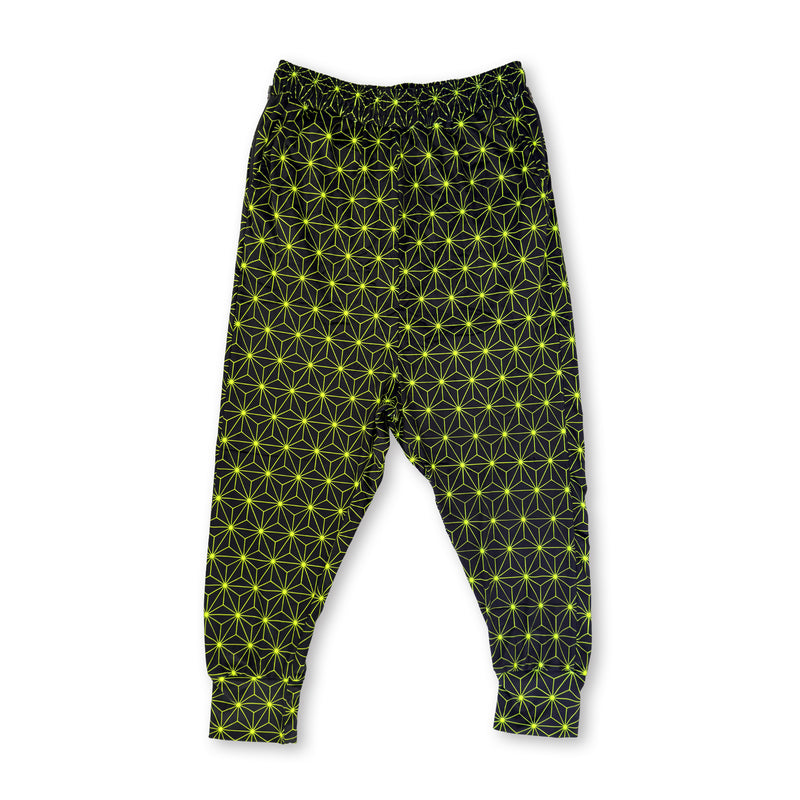 First Earth Asanoha Yellow UV velvet harem joggers front with neon yellow geometric asanoha pattern on black
