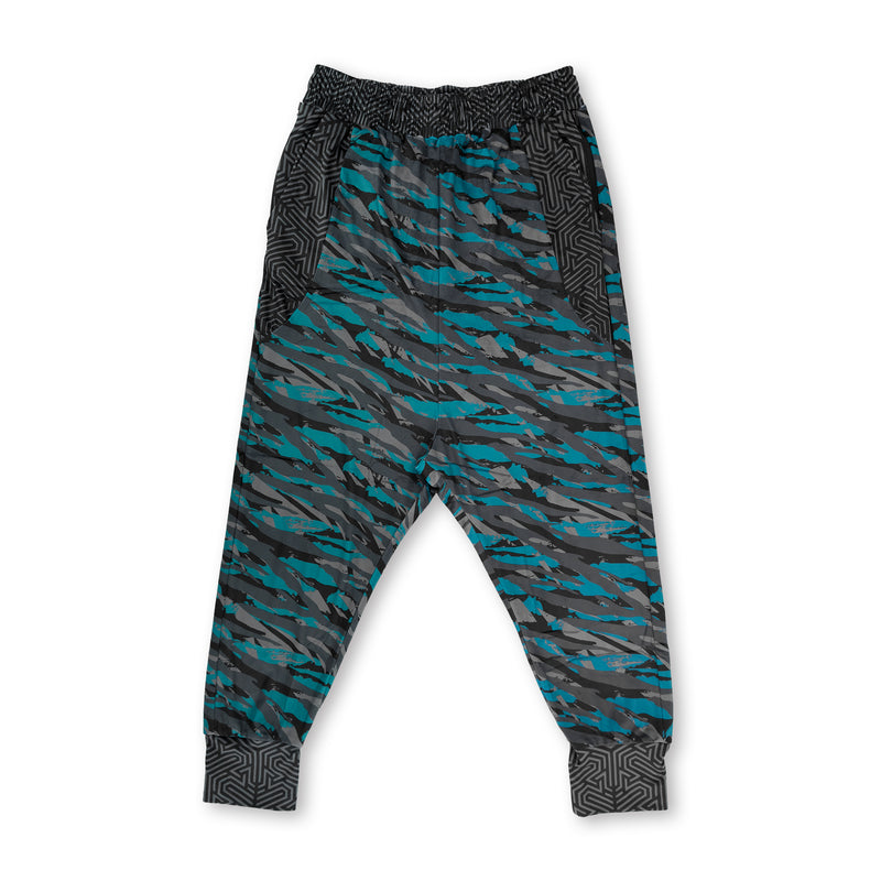First Earth Shadow velvet harem joggers front with teal, grey, and black striped pattern