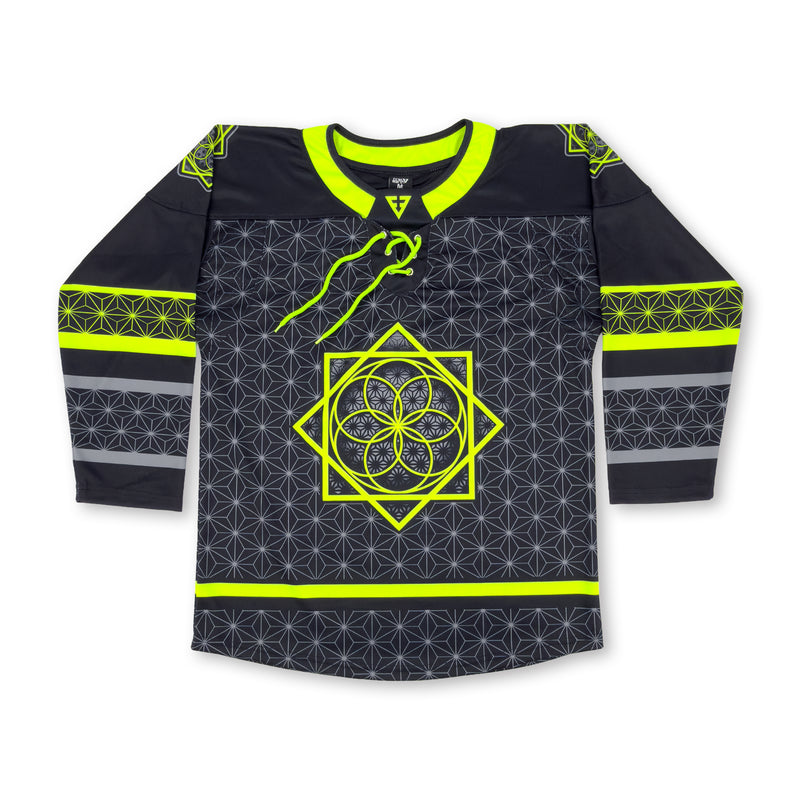 Front view of First Earth UV green and grey asanoha hockey jersey with lace-up collar and Flow Star graphic