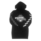 MMXXIV black hoodie dress by First Earth – longline festival hoodie with bold tech graphic, cozy front pocket, perfect for layering and flow-friendly coverage