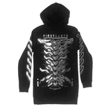 MMXXIV black hoodie dress by First Earth – longline festival hoodie with bold tech graphic, cozy front pocket, perfect for layering and flow-friendly coverage