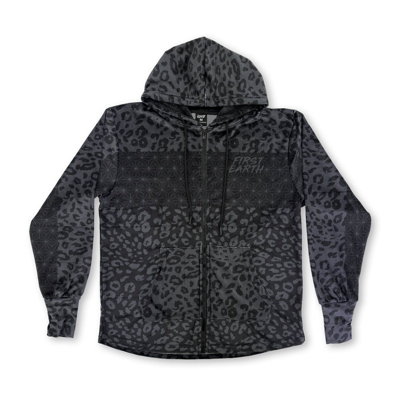 First Earth Midnight Cheetah velvet hoodie front with dark cheetah print, zipper, hood, and pockets