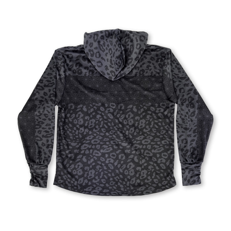 First Earth Midnight Cheetah velvet hoodie back with hood and black gray cheetah print