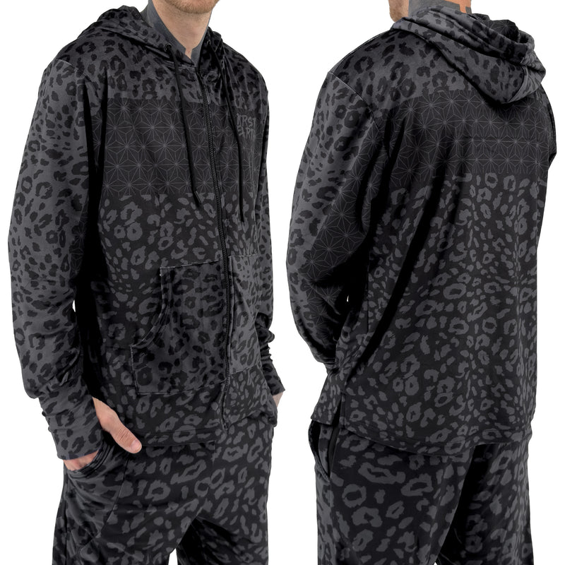 First Earth Midnight Cheetah zip hoodie on model showing front and back views with dark grey black cheetah print