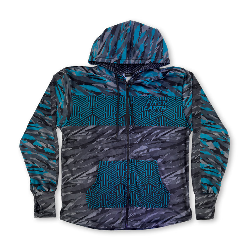 First Earth Shadow velvet hoodie front with teal gray geometric artwork, zipper, hood, and pockets