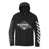 MMXXIV black hooded long sleeve tee by First Earth – festival-ready tech-style shirt in breathable tri-blend fabric with bold geometric print and cozy hood for all-night flow