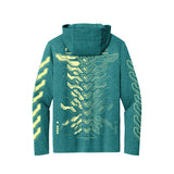 MMXXIV aqua hooded long sleeve tee by First Earth – lightweight, rave-ready top with tech-inspired print, breathable tri-blend fabric and hood for post-sunset layering