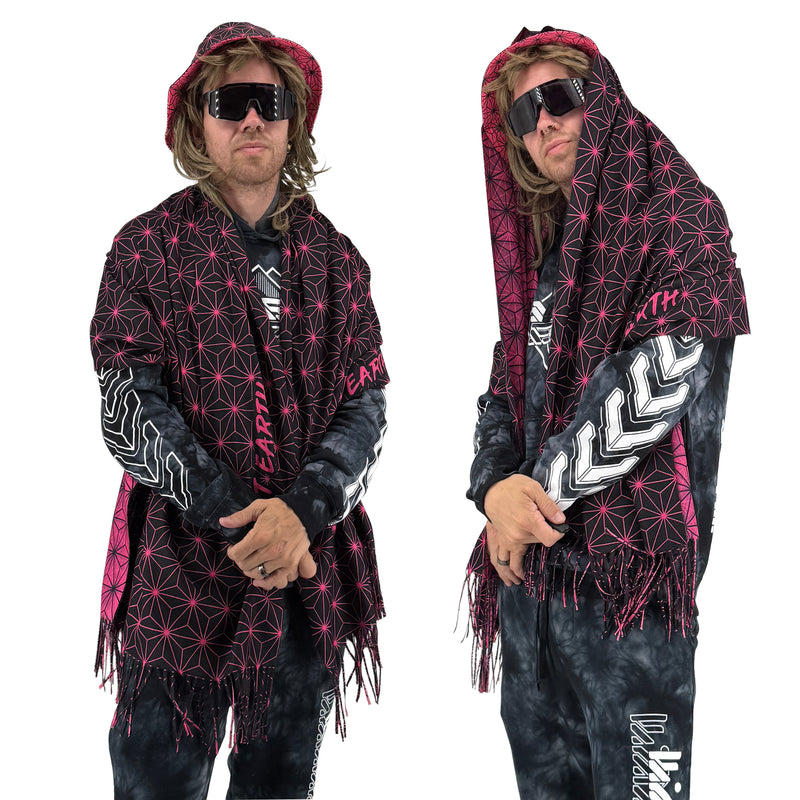Asanoha pink pashmina by First Earth – soft, breathable rave wrap with glowing sacred geometry design, perfect for chilly nights and festival flow