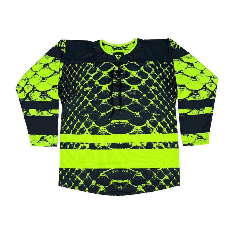 Neon Serpent UV hockey jersey by First Earth – oversized rave jersey with glowing serpent design and breathable comfor