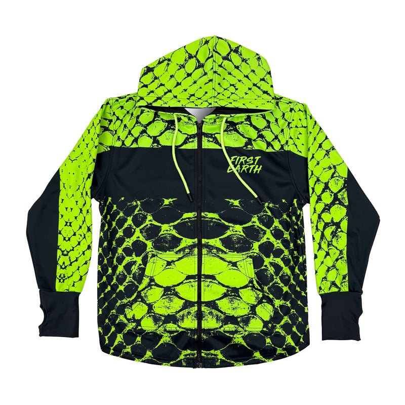 Neon Serpent UV zip‑up hoodie by First Earth – rave-ready hoodie with glowing serpent design under blacklight, thumb holes, and scoop hem for flow-friendly movement