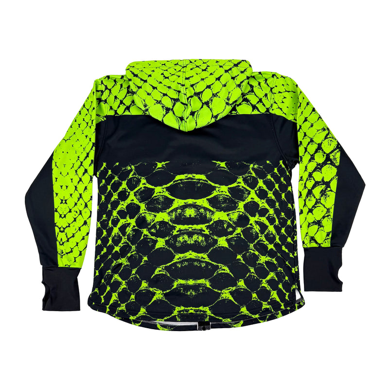 Neon Serpent UV zip‑up hoodie by First Earth – rave-ready hoodie with glowing serpent design under blacklight, thumb holes, and scoop hem for flow-friendly movement