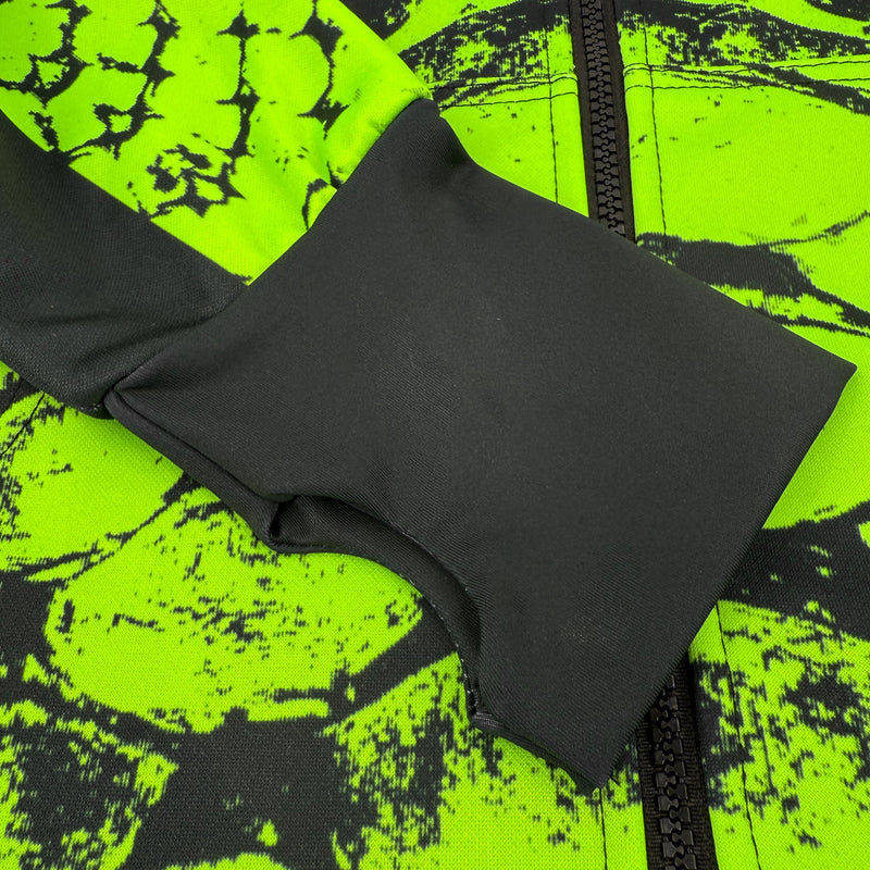 Neon Serpent UV zip‑up hoodie by First Earth – rave-ready hoodie with glowing serpent design under blacklight, thumb holes, and scoop hem for flow-friendly movement