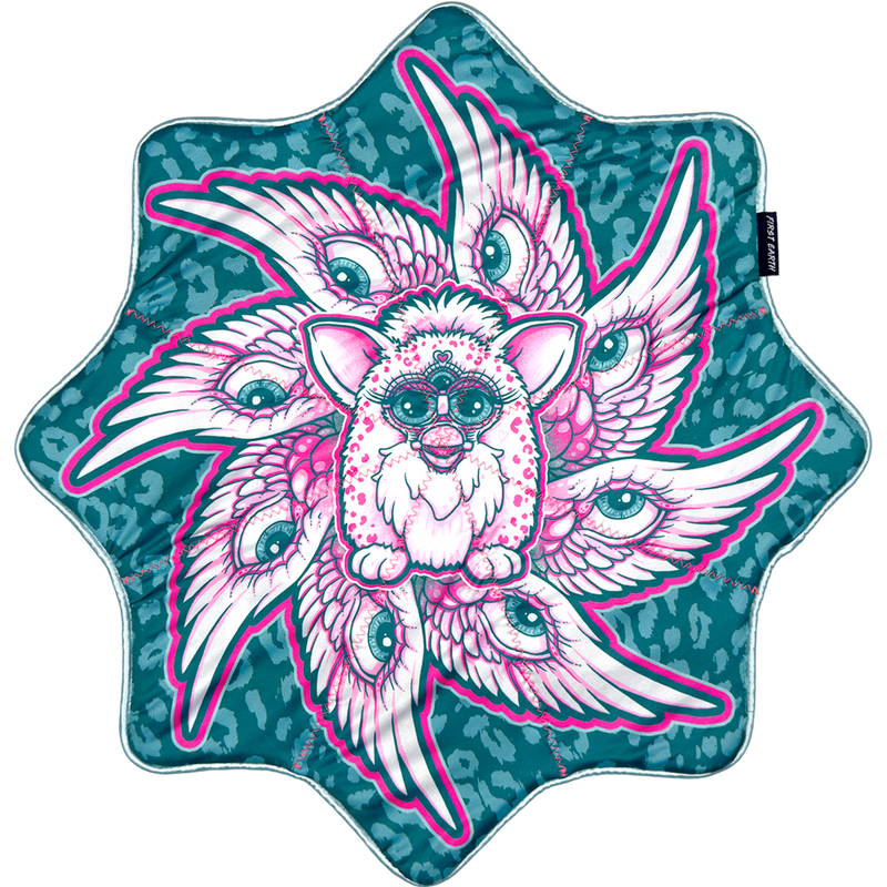 Biblically Accurate Flurbstar, teal side: pink fuzzy three-eyed creature ringed by eyed angel wings on teal leopard print