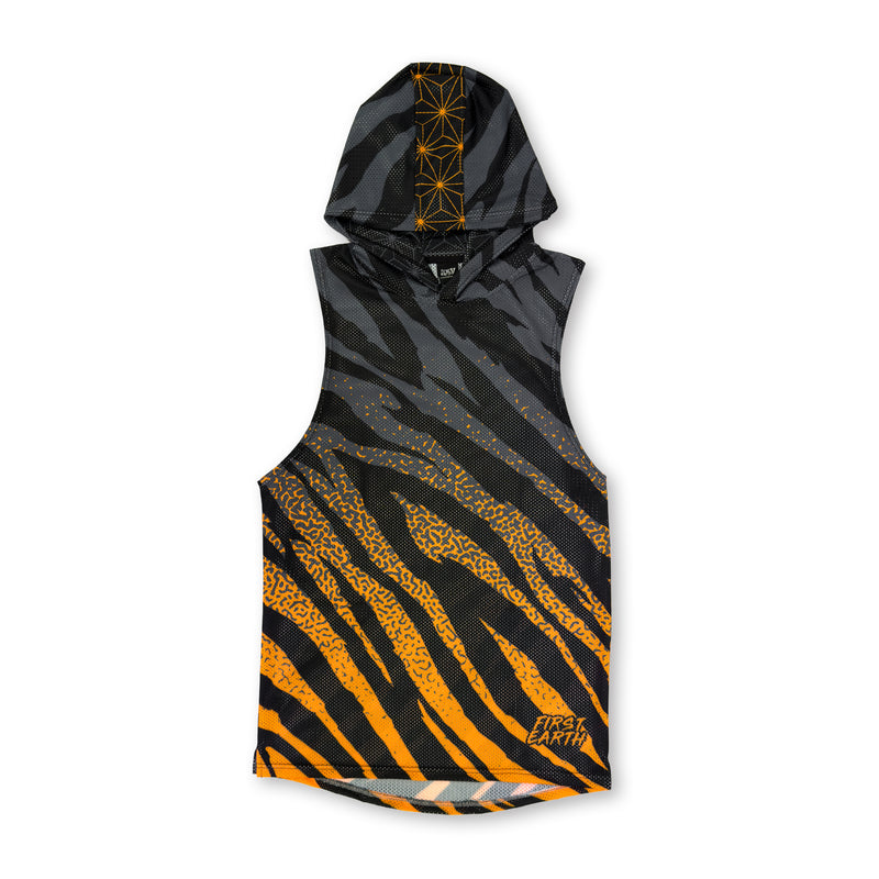 First Earth Sacred Stripes mesh hooded tank front with black gray and orange tiger stripe artwork