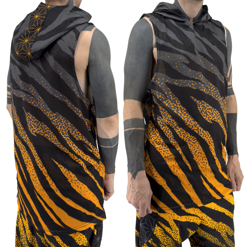 First Earth Sacred Stripes UV hooded mesh tank top on model showing front and back views with orange tiger stripe design