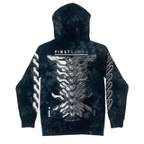 MMXXIV tie-dye hoodie by First Earth – bold black-and-white tech design on midweight tie-dye fabric, front/back & sleeve prints, jersey-lined hood for cozy layering