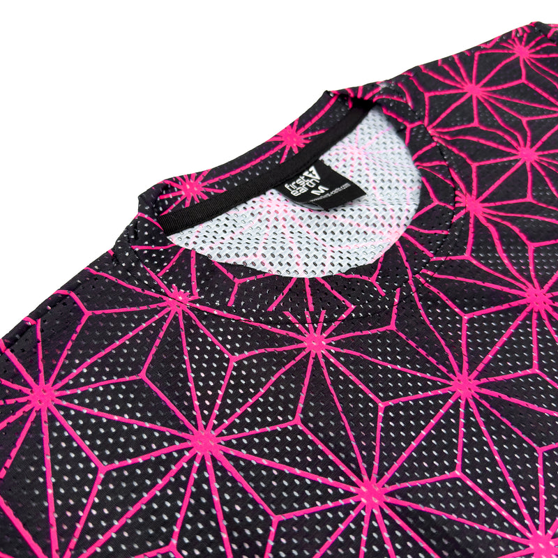 First Earth Asanoha Pink mesh t-shirt close up showing collar, tag, and breathable fabric