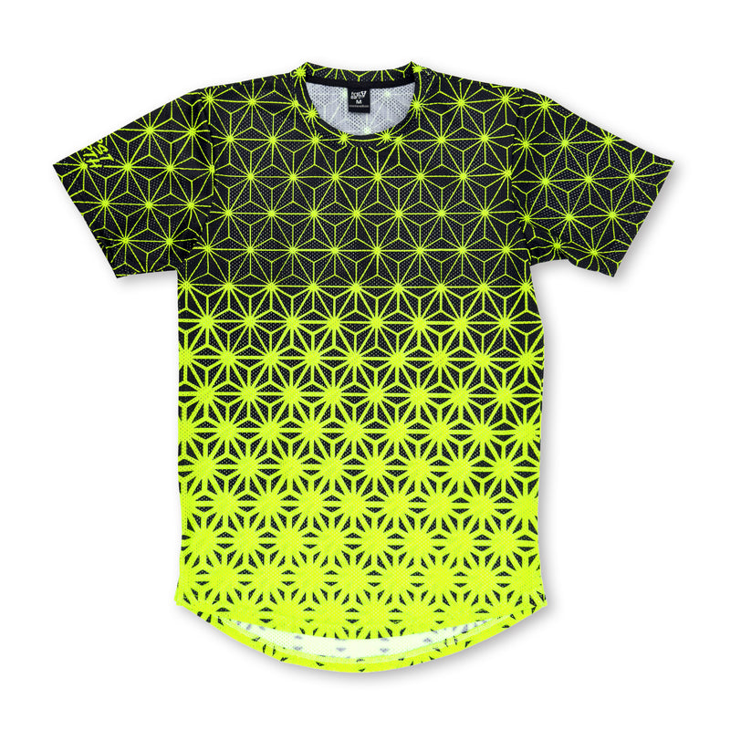 First Earth Asanoha Yellow UV mesh t-shirt front with neon yellow geometric pattern