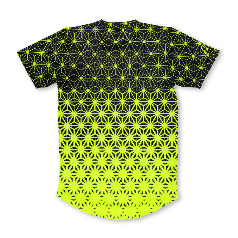 First Earth Asanoha Yellow UV mesh t-shirt back with neon yellow asanoha pattern