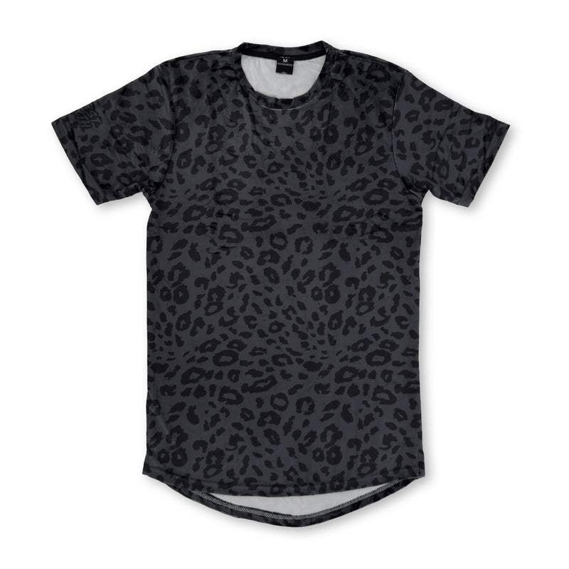 First Earth Midnight Cheetah velvet t-shirt front with dark gray black cheetah print