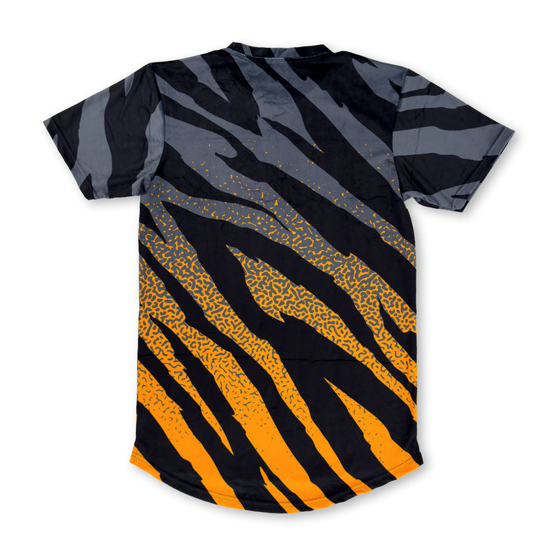 First Earth Sacred Stripes UV velvet t-shirt back with black gray and orange tiger stripe pattern