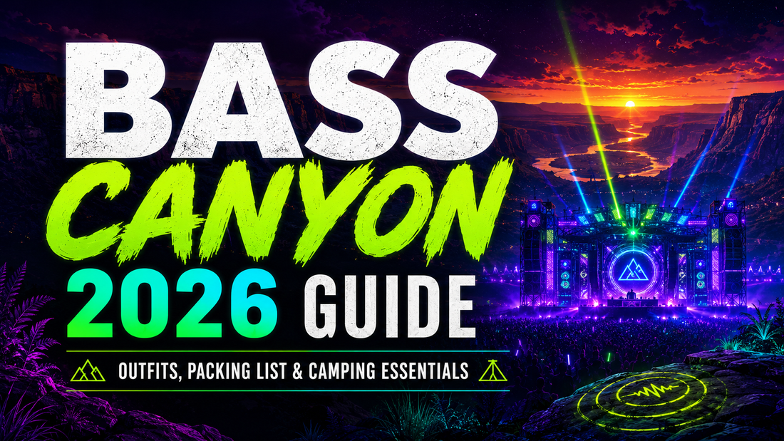 Bass Canyon 2026 guide cover featuring a colorful canyon festival scene with stage lights, outfits, packing list, and camping essentials.