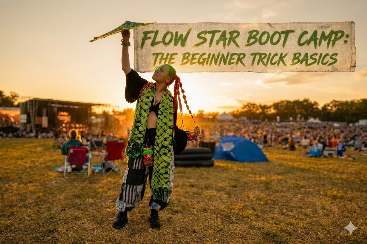 Beginner flow star trick tutorial at a summer music festival. Female raver practicing flow arts with a green star prop under a "Flow Star Boot Camp" banner during sunset.