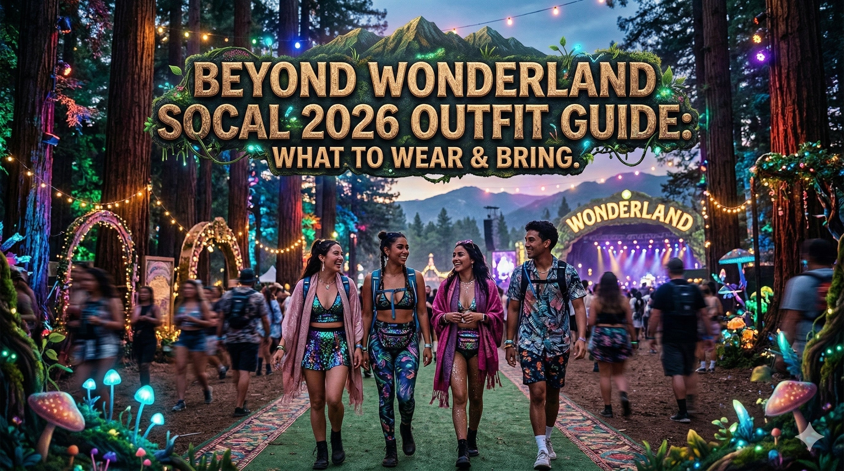 beyond wonderland socal 2026 outfit guide and festival essentials featuring ravers in a magical forest setting with bold mossy stone text