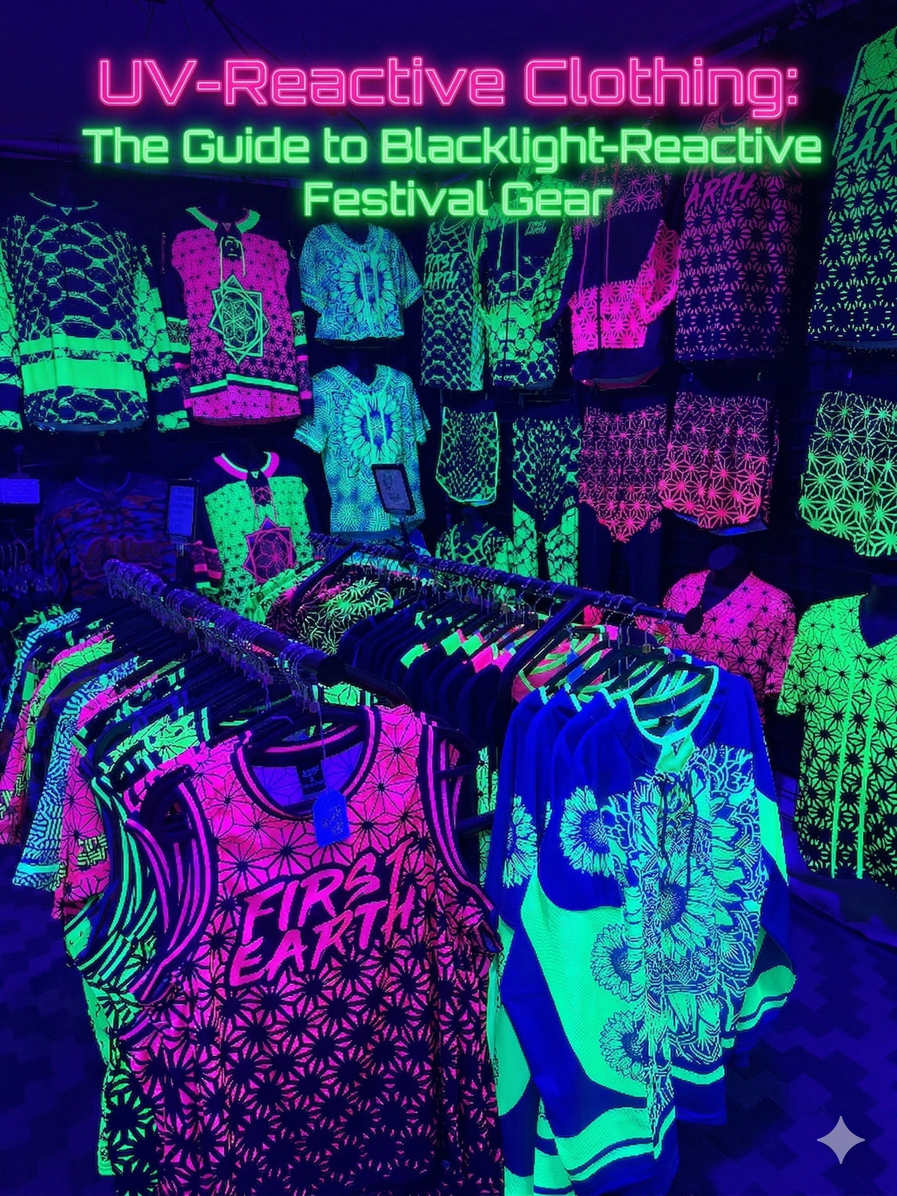 Neon pink and green FIRST EARTH tank top with glowing mandala patterns at a UV festival clothing booth.