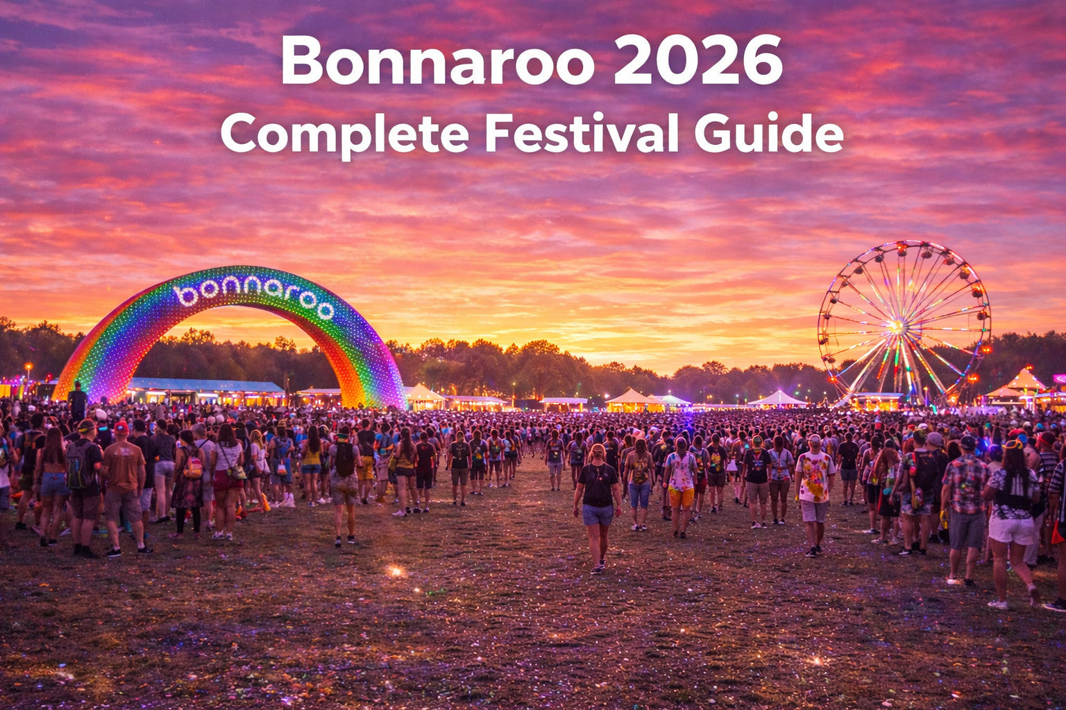 Wide crowd view of Bonnaroo Music Festival at sunset with the iconic rainbow arch and Ferris wheel, showcasing the festival grounds in 2026