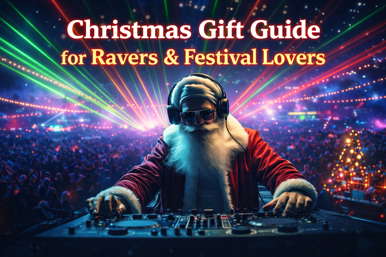 Santa Claus DJing at a nighttime music festival with laser light show and crowd for Christmas gift guide for ravers and festival lovers