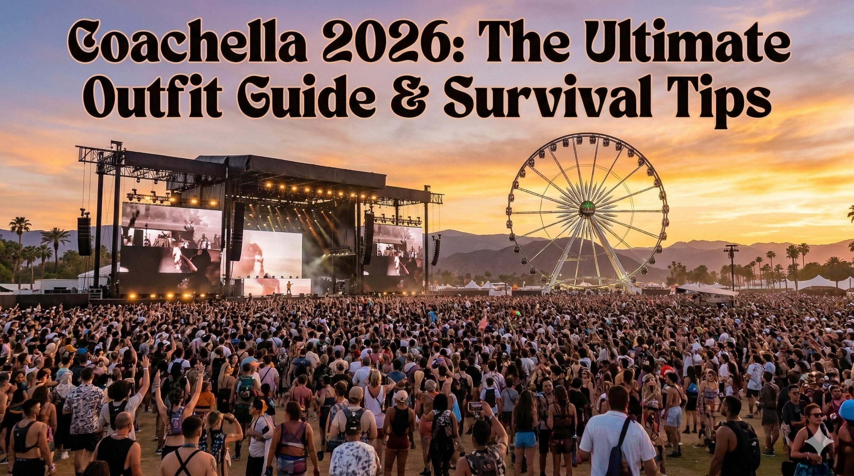 A massive crowd of people at a music festival under a sunset sky with a large stage and a giant Ferris wheel and mountains behind. Text at the top reads Coachella 2026 The Ultimate Outfit Guide and Survival Tips.